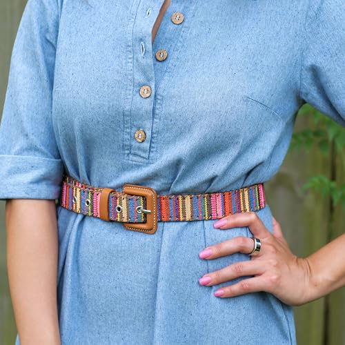Womens Casual Belts - Multicolor Woven Belt & Brown Vegan Leather Belt2