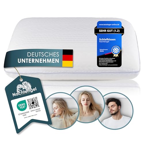 Nachtengel Schlafkissen - Orthopädisches Memory Foam Kopfkissen, Ergonomisch & gegen Nackenschmerzen, für alle Schlaftypen (Rücken-, Bauch- & Seitenschläferkissen) (1 Stück, weiß, 14cm Höhe)