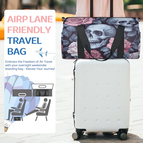 Skull Gothic Travel Duffle Bag Sports Yoga Weekender Overnight Workout Bags Floral Flower Rose Lightweight Waterproof Gym Tote Bag for Women3