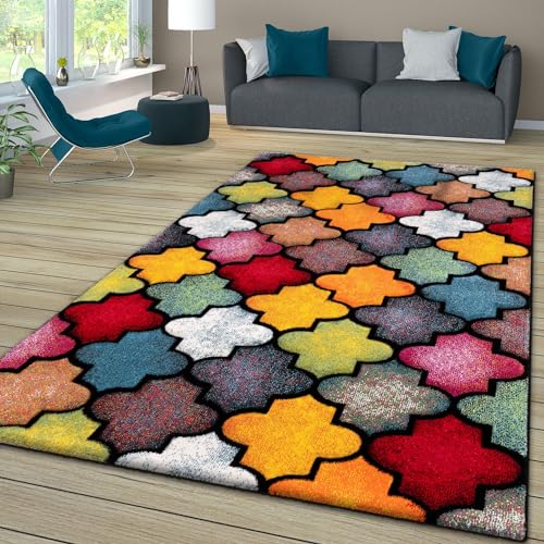 TT Home Wohnzimmer Teppich Bunt Kurzflor Wohnzimmerteppich Meliert 3D Optik Geometrisch, Farbe: Rot...