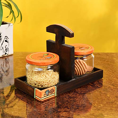 Image of AAKRITI ART CREATIONS Jaar Holder & 2 Glass Jaars | Handcrafted Madhubani Art Storage Jars | Kitchen Decoration Items Stylish Tray & Jars | Kitchen Containers with Tray