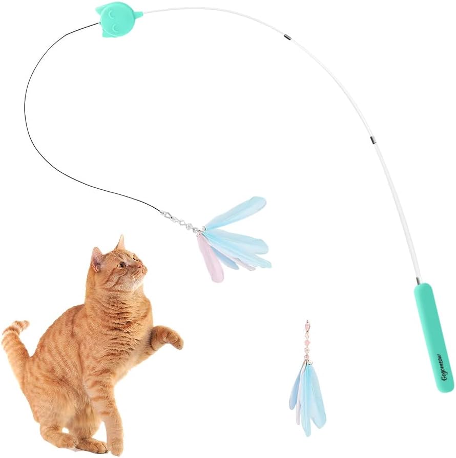 gogomeow Interactive Cat Feather Toys, Retractable Cat Teaser Wand and Rope Toy with 2PCS Natural Feather for Indoor Cats Kitten Play