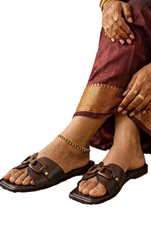 Image of SHINE Modern Traditional Brown Flats for Women | Elegant Square Toe Slip-On Sandals with Interwoven Strap & TPR Sole
