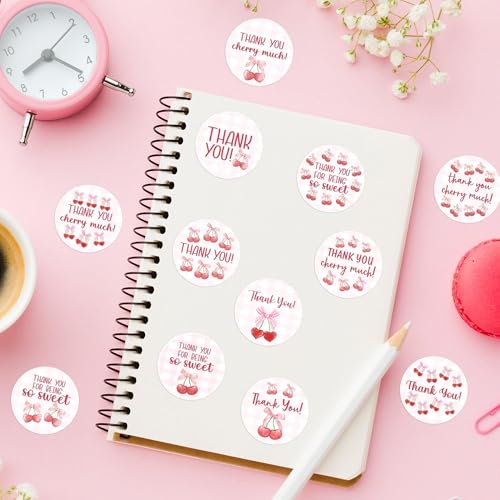 Image of Thank You Sticker Roll - 1000 Pcs Coquette Pink Bow Cherry Waterproof Vinyl Reusable Laptop Sticker DIY Book Scrapbook Water Bottle Page Activity Pad Party Favors Skateboard Gift Wrapping
