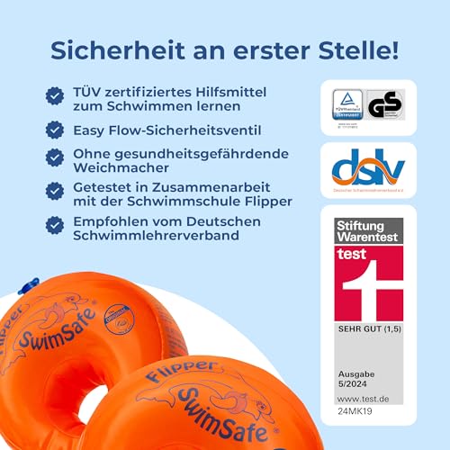 Flipper Swimsafe 1010 - Schwimmflügel für Babys ab 12 Monaten, sichere Schwimmhilfe mit unzerbrechlichem PE-Schaumkern zum Schwimmen lernen, Orange