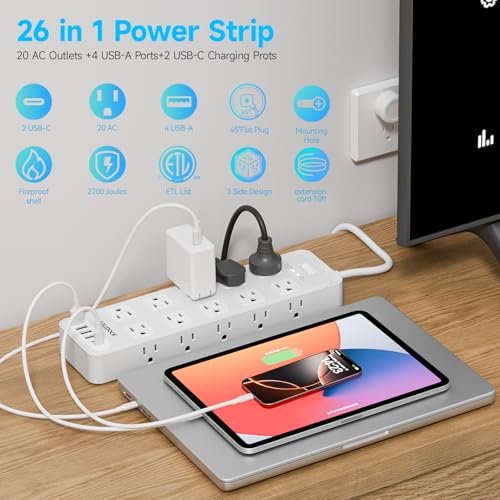 Image of Power Strip Surge Protector Flat Plug with 20 AC Outlets 6 USB Chagring Ports, 1875W /15A, 2700J, 10 Ft Heavy Duty Extension Cord for Home, Office, Dorm, Gaming,ETL Listed (White, 10FT)