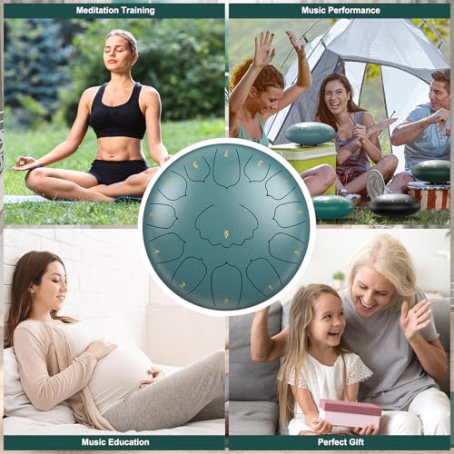 Image of D Major Steel Tongue Drum Handpan, 12 Inch 13 Note Rain Drum for Garden Outside, Meditation Rain Chime, Musical Percussion Instrument for Adult Gift with Bag, Music Book, Drum Mallets (Moss Blue)