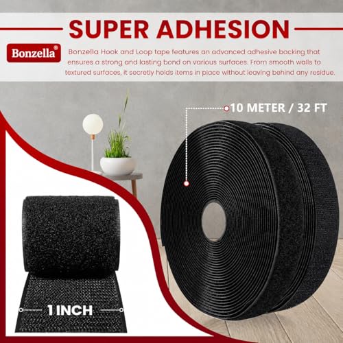 Image of Bonzella Self Adhesive Hook and Loop Tapes, Mosquito Net Mounting Tape For Office use, Photo Frames, Multipurpose Double Sided Adhesive Hook & Loop Fastener Tape for Crafting & Wall Hanging (10M x 25mm)