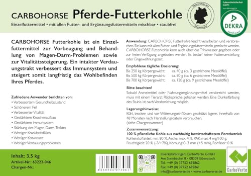 CarboVerte Futterkohle für Pferde 3,5 kg – gegen Kotwasser & Verdauungsprobleme – natürliche Entgiftung, glänzendes Fell & mehr Vitalität – 100% pflanzlich, staubarm