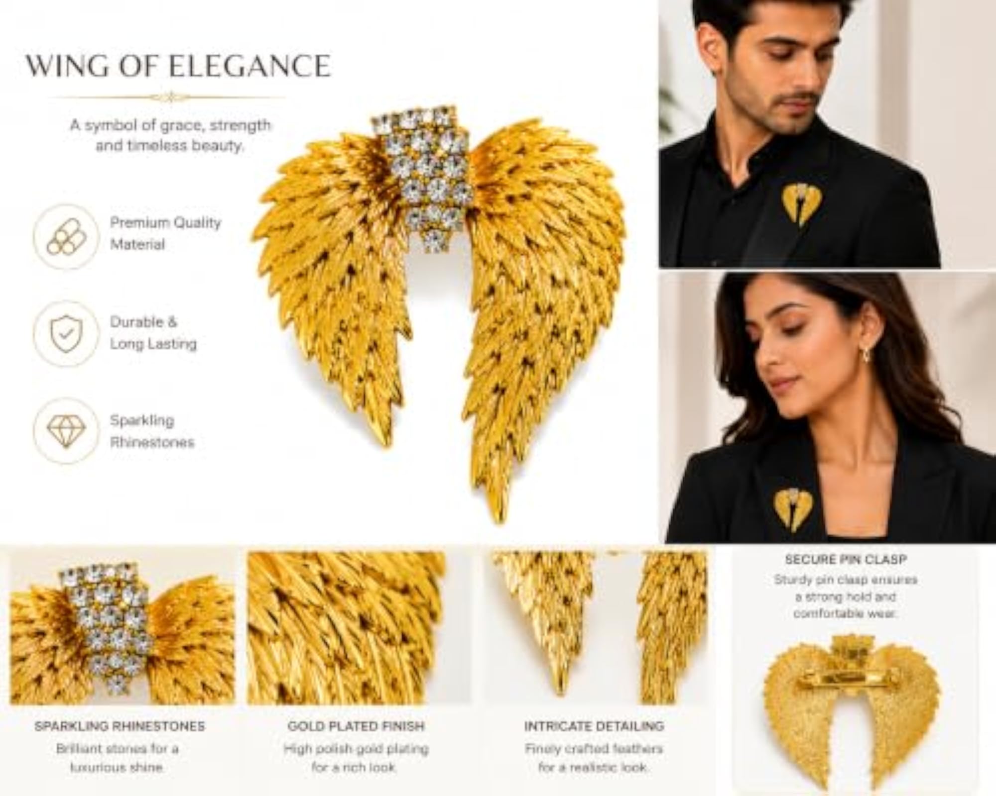 Delightful Living Golden Wing Brooch with Crystal Detailing