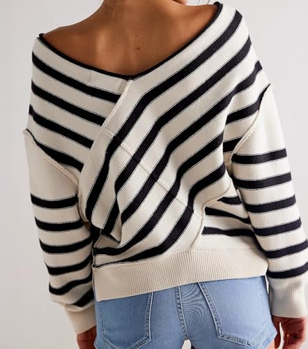 Image of Women Oversized Off The Shoulder Sweaters Tops Long Sleeve Striped Knit Pullover Drop Shoulder Color Block Sweater Black and White, Small