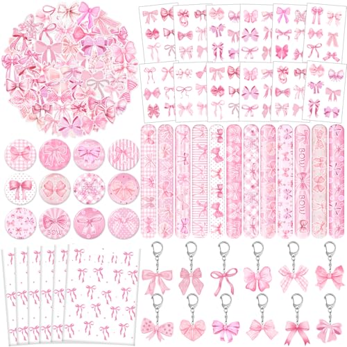 YYMYMGJ 110 PCS Pink Coquette Bow Party Favors, Pink Coquette Bow Temporary Tattoos Slap Bracelets Stickers Keychains Badges Gift Bags for Bow Coquette Birthday Party Decorations Supplies