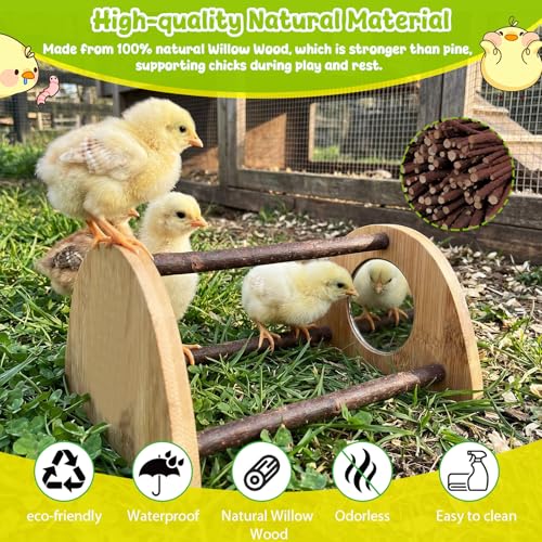 Image of Mini Chick Perch with Mirror, Natural Willow Wood Roosting Bar for Coop&Brooder, Anti-Slip Training Perch for Baby Chicks, El Pollitos, La Pollita, Easy to Assemble&Clean, Fun Toys for Chick