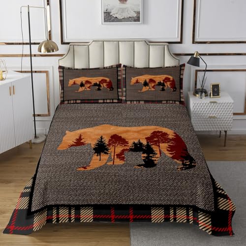 Erosebridal Hunting Bear Quilt Set Twin,Rustic Farmhouse Bedspread Set,Buffalo Plaid Grid Bedding Set for Boys Girls,Kids Woodland Wild Aniamsl Coverlet Set Cabin Lodge Decor,Orange Grey 2Pcs