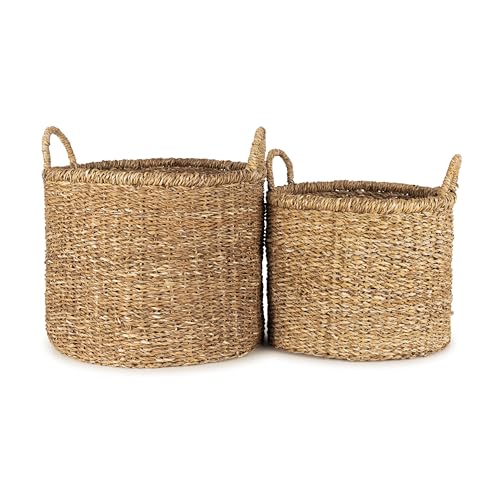 Olly & Rose Large Set 2 Premium Woven Seagrass Handmade Storage Baskets 45 and 40cm Large Premium Laundry Baskets and Display Versatile Natural