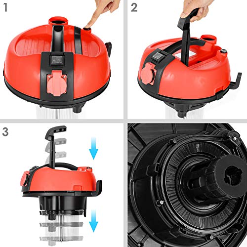 MASKO® Aspirateur industriel Aspirateur eau et poussière aspirateur acier inoxydable 2 300 W + prise électrique Fonction soufflage Aspiration à sec et aspiration de l'eau | Push&Clean, rouge - Image 6