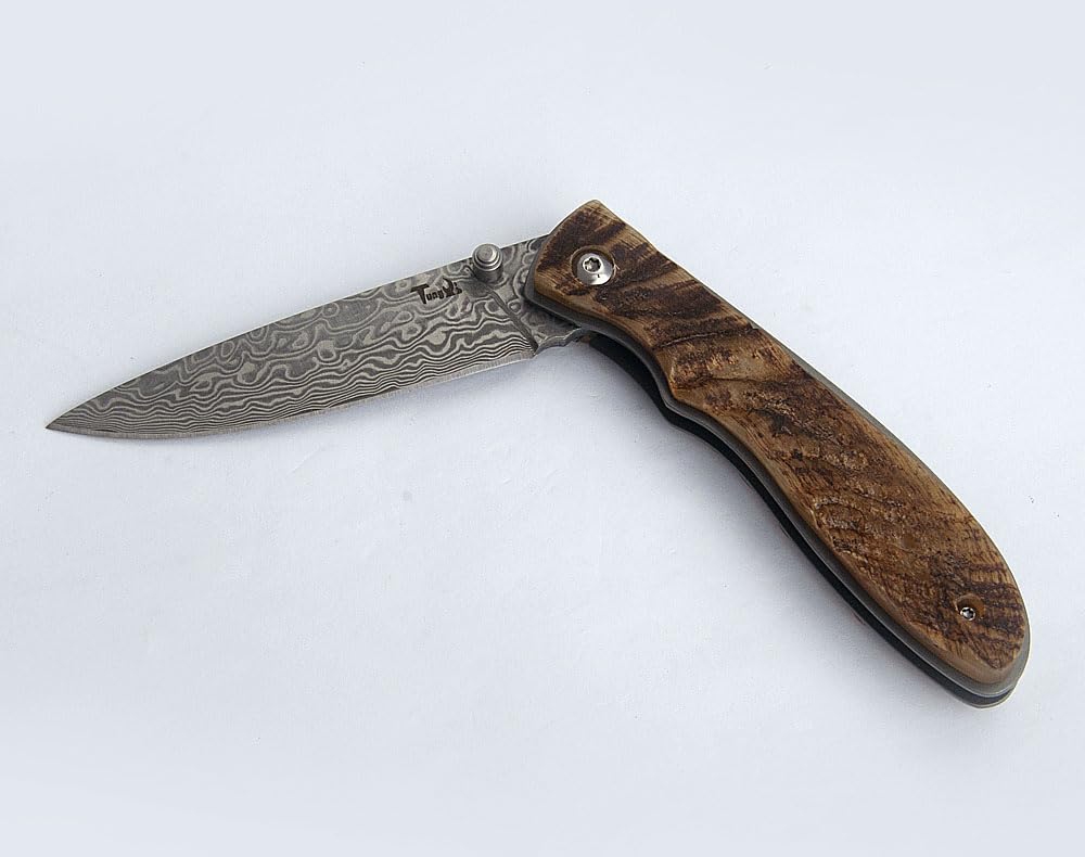 Damascus Acciaio Pieghevole Pocket Knife, 3.1 "lama con guaina in pelle, EDC coltello per il campeggio quotidiano all'aperto Strumenti di escursionismo Regali (4" Ram Horn Handle)