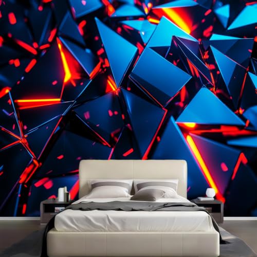 Papier peint panoramique bleu pour masquer les défauts d'un mur avec style géométrique - 3