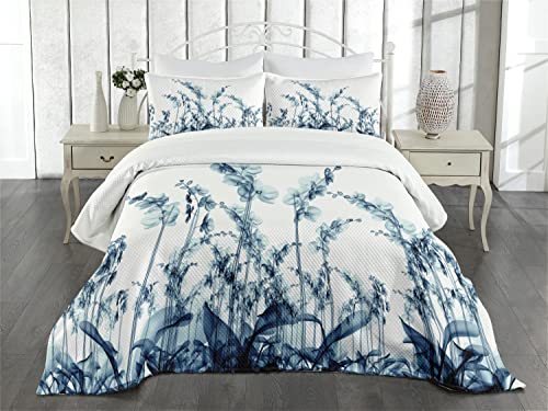 Ambesonne Flower Bedspread, X-Ray Photo Of Group Of Wild Orchid Floral Image With Unsual Art Elements Print, Decorative Quilted 3 Piece Coverlet Set With 2 Pillow Shams, Queen Size, White Teal #TOP1