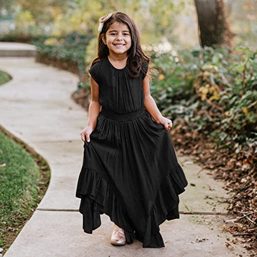 KAGAYD Girls Short Sleeve Ruffle Dress Kids Holiday Party Dress Solid Casual Flowy Swing Midi Dresses 7~12 Years2
