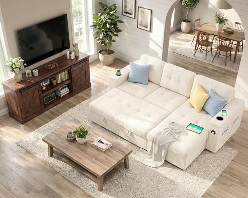 AMERLIFE 2 Piece Living Room Furniture Set, 84" Pull Out Sleeper Sofa with Storage Chaise, and 66" Farmhouse TV Stand for TVs up to 75"-Brown