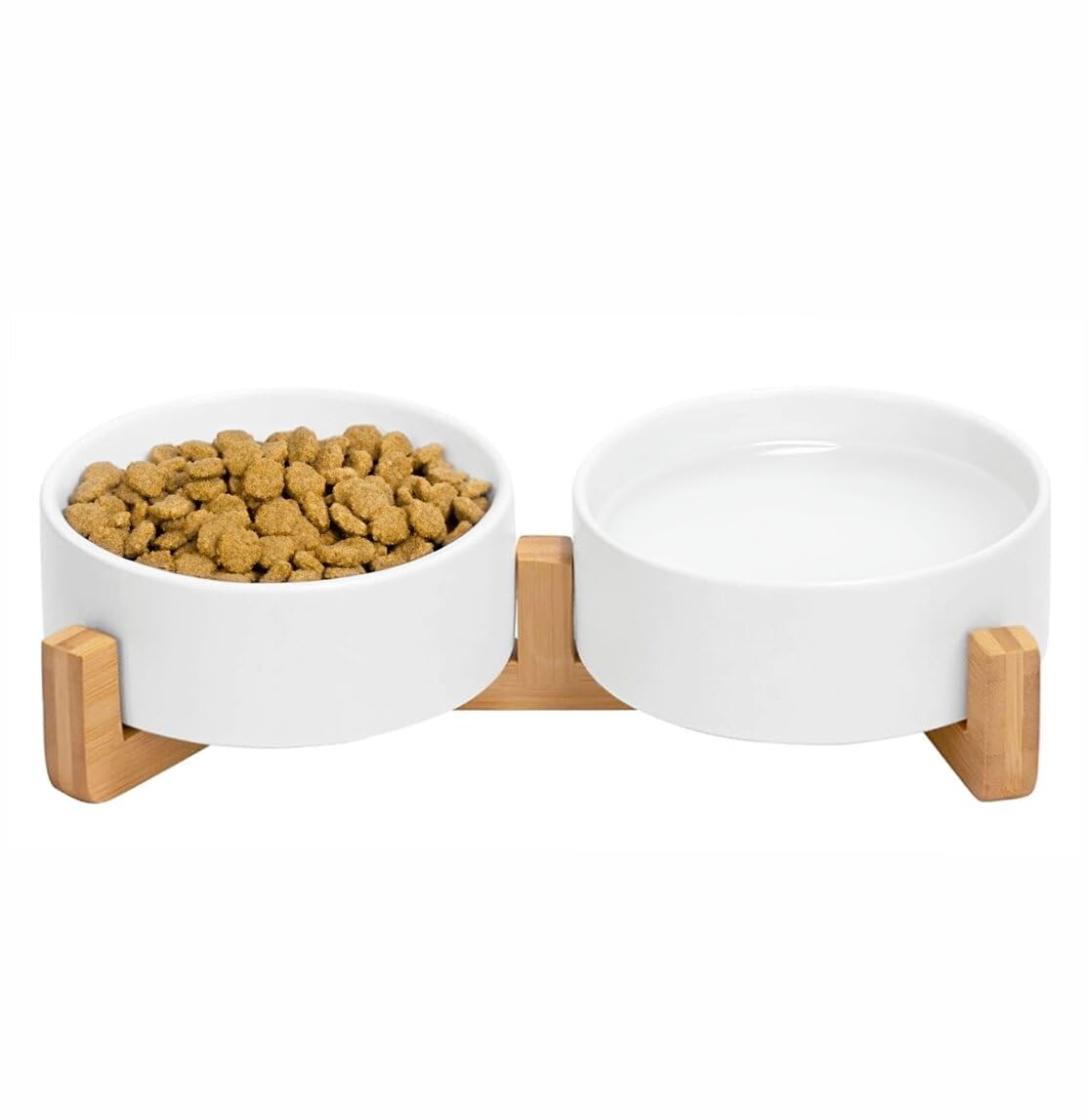 Ceramic Cat and Small Dog Bowl Set – Modern Indoor Small Size Pet Food and Water Bowls with Wood Stand – Non Slip Puppy Sized Feeding Station with Double Dishes