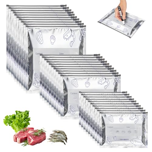 30Pcs Sac Congelation Zip, Sacs de Conservation Réutilisables, Sachets Alimentaires en Aluminium Robuste en 3 Tailles, Inscription Possible & Antifuite pour Légumes, Snacks, Viande