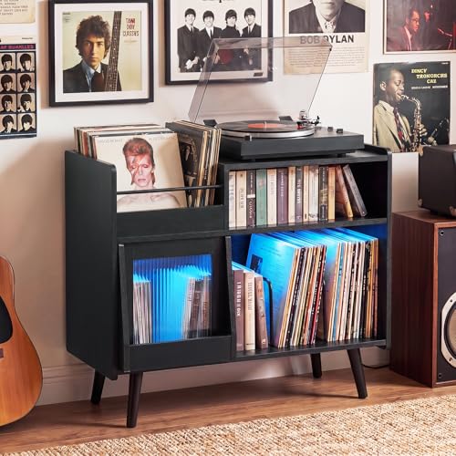 Image of Giantex Large Record Player Stand with LED Light, Mid Century Modern Turntable Stand w /Sliding Door, Charging Station & Plastic Leg, Record Player Table, Vinyl Record Storage for Living Room (Black)
