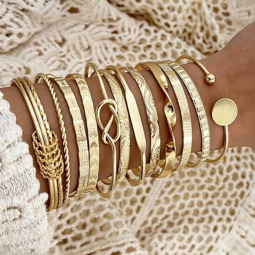 FAXHION Gold Bangle Bracelets for Women, 14 Pcs Multi Layer Stackable Bangle Set, 14K Gold Plated Textured Chunky Bracelets Boho Jewelrys Set - Image 4