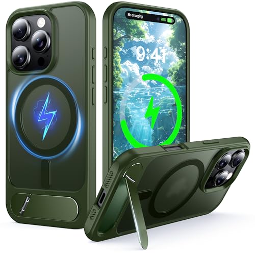 Coque iPhone 16 Pro Max Magnétique Vert en Silicone Souple avec Support