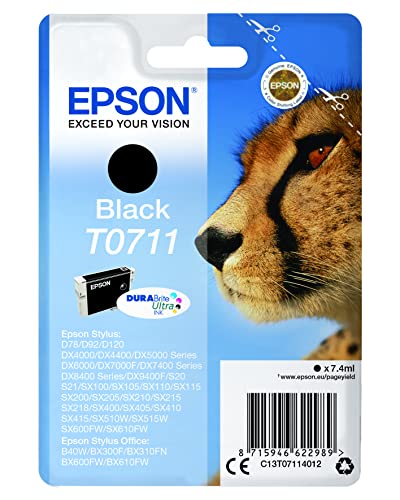 Epson T0711 Guépard Noir, Cartouche d'encre d'origine, D78 D120 DX4000 DX5000 DX6000 DX7400 DX8400 DX9400F S20 S21 SX100 SX105 SX110 SX200 SX210 SX215 SX400 SX410 SX510W SX600FW BX300F B40W BX600FW