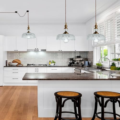 Image of CVKASH Plug in Glass Pendant Light Fixture Brass Vintage Adjustable Chandelier Brushed Gold Hanging Ceiling Light for Farmhouse Hallway Bedroom Foyer Kitcken Dining Room Island