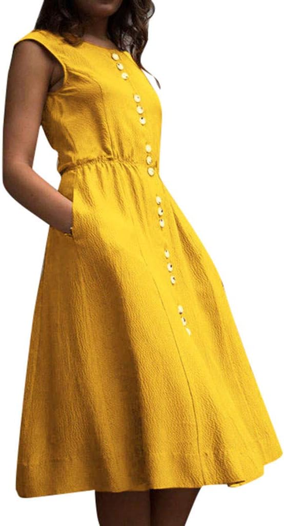 SSUPLYMY Womens Sleeveless Buttons Dress Ladies Dresses V Neck Solid Color Strappy A Line Fashion Cocktail Party Beach Summer Holiday Sun Dress Spaghetti Beachwear Midi Dress