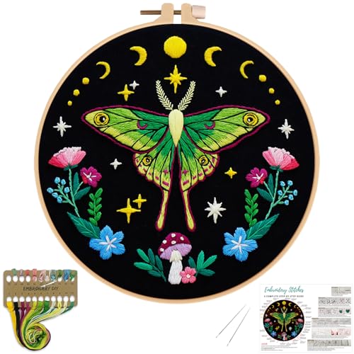 Image of Nuberlic Moth Embroidery Kits for Beginners - Embroidery Starter Cross Stitch Kit DIY Needlepoint Including Cloth with Pattern, Hoop, Needles Instruction and Threads