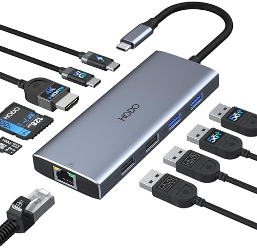 HODO USB C Hub Ethernet für MacBook Air, Adapter Mac Book Zubehör 10 in 1 | 4K 60Hz HDMI, Ethernet, 100W PD, SD TF Kartensteckplatz, 4USB und USBC Datenport, Type-C Dongle für iPad