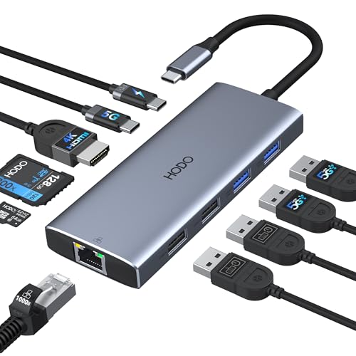 HODO USB C Hub Ethernet für MacBook Air, Adapter Mac Book Zubehör 10 in 1 mit 4K 60Hz HDMI, Ethernet, 100W PD, SD TF Kar...