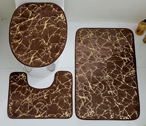 JOSGACRS Braun und Gold Badematte Teppich rutschfest 3 Stück Set Marmor Toilettensitzbezug Badematten Deckel Abdeckung Badteppich Konturmatte Familie Wohnkultur