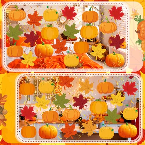 Image of 72 Pcs Fall Hanging Decoration Swirls Gold Pumpkin Maple Leaf Fall Party Decoration Orange Thanksgiving Autumn Ceiling Office Hanging Decor for Home Birthday Party Favors Supplies