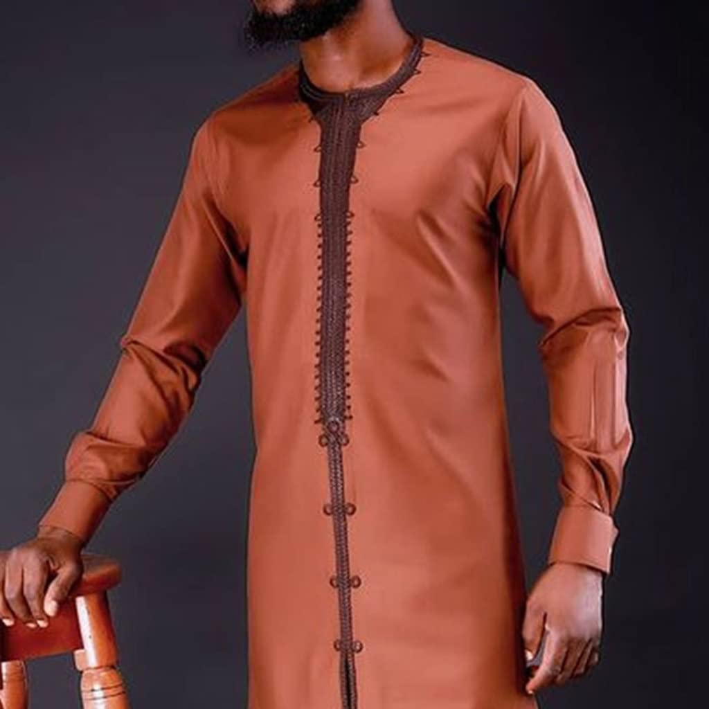 Afrykańskie Ubrania Dla Mężczyzn Tradycyjny Garnitur Dashiki i Spodnie Bluzki Z Długim Rękawem Drukuj Strój 2 Sztuka Zestaw Dres (Color : Brown, Size : XXL)
