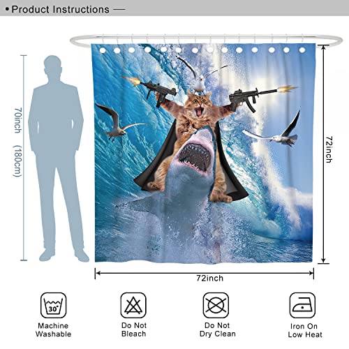 Desihom Funny Cat Shower Curtain Set Riding Shark Theme Ocean Curtains For Bathroom Fun Nautical Kids Decor Polyester Fabric-72" X 72" #TOP6