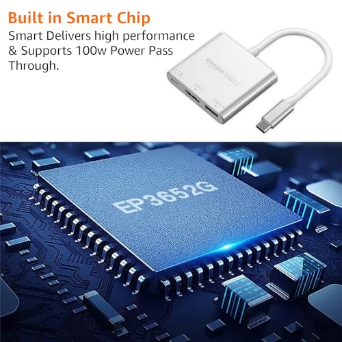 Image of Amazon Basics 3-in-1 USB Type C to HDMI Adapter 4K@30Hz, 100W PD Fast Charging Port, USB A 3.0 @5Gbps Speed, MultiPort HUB for MacBook Pro Air, Windows, Laptop, Tablet, Smartphone & All Type C Devices