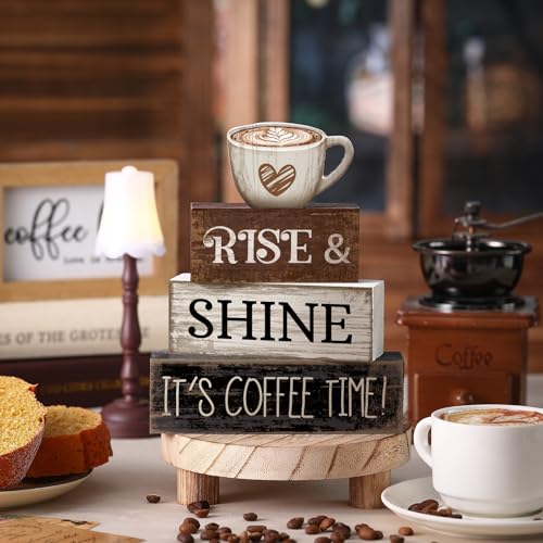 Image of Moucuny 4 Pcs Farmhouse Coffee Bar Sign Decor Wooden Cup Rise & Shine It's Coffee Time Rustic Wood Cafe Sign Gift for Home Kitchen Tabletop Decor