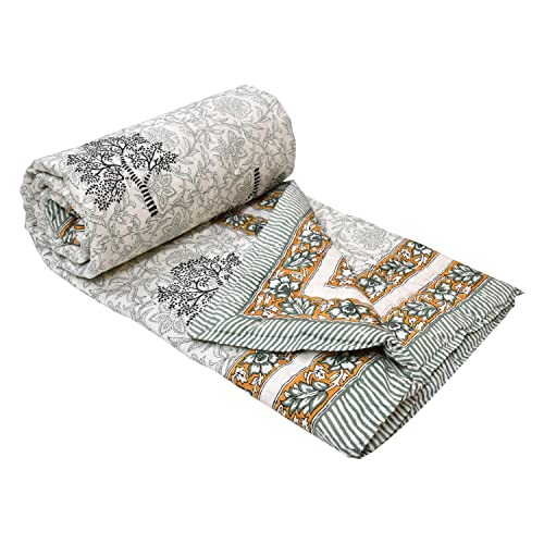 Image of BLOCKS OF INDIA Cotton Single Size Quilt Hand Block Print for Light Winters (60X90 Inches) (Green Yellow Tree), Lightweight, 300 TC