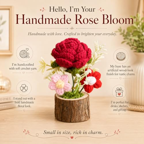 Image of Handmade Crochet Flower with Real Wood Base, 12 cm Pink Red & Green Artificial Knitted Rose Bouquet for Home Office Table Shelf Desk Decor, Bedroom Living Room Gift Decoration