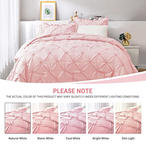 JOLLYVOGUE Pink/Ivory Cal King Size Comforter Sets 7 Pieces, Pintuck Bed in a Bag Comforter Set for Bedroom, Bedding Comforter Sets with Comforter, Sheets,Ruffled Shams & Pillowcases