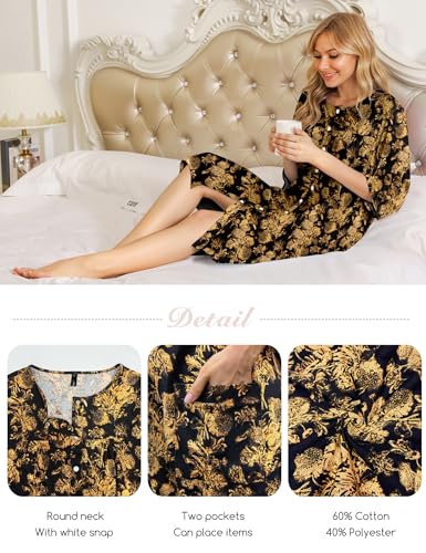 Image of Bloggerlove House Dress Women Cotton Snap Front Nightgown 3 /4 Sleeve Housecoat Duster Robe with Pockets Moomoo Patio Dress