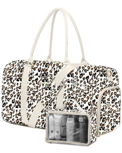 Image of Women Weekender Travel Duffle Bag: Travel Duffel Overnight Bags with Shoe Compartment Large Carry on Tote with Toiletry Bag Weekend Traveling Yoga Gym Hospital Bag for Women with Wet Pocket Leopard