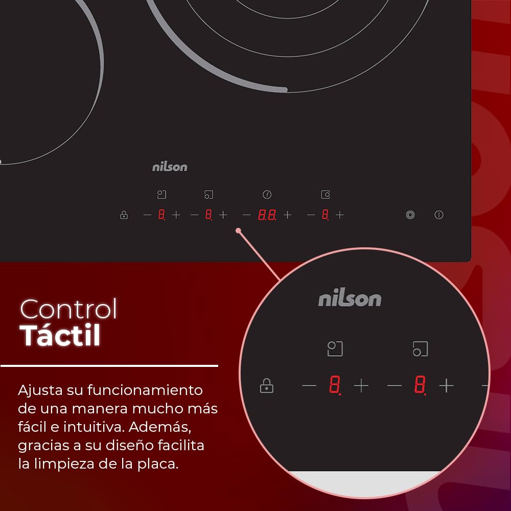 Nilson Placa Vitrocerámica Cristal Negro NV3600. Potencia máx. 5700 W, 3 Zonas de Cocción, 9 Niveles de Cocción, Control Táctil, Bloqueo y Autodesconexión de Seguridad