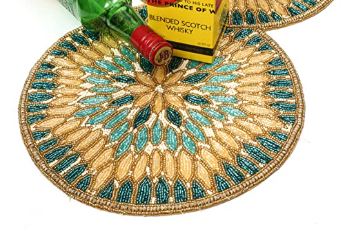 Handmade Beaded Table Runners Placemats, 13X36 Inches Teal Ivory Gold Multi, Halloween Harvest Autumn Fall Thanksgiving Holiday Christmas Xmas Celebration Festive Party Tabletop Décor Tablerunner #TOP4