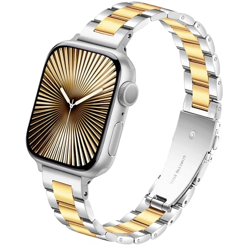Image of Melyis Slim Metal Band Compatible with Apple Watch Bands for Women 42mm 40mm 41mm 38mm, Premium Stainless Steel Classic iWatch Bands for Apple Watch Band Series 1110 9 SE 8 7 6 5 4 3 2 1-Gold and Silver